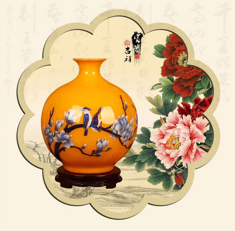 景德鎮陶瓷工藝品金絲麥稈黃色花鳥花瓶