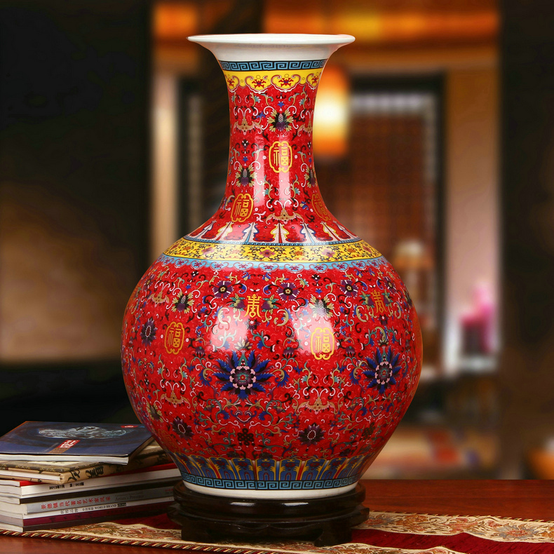 景德鎮瓷器琺瑯彩紅色福壽賞瓶工藝品擺設.jpg
