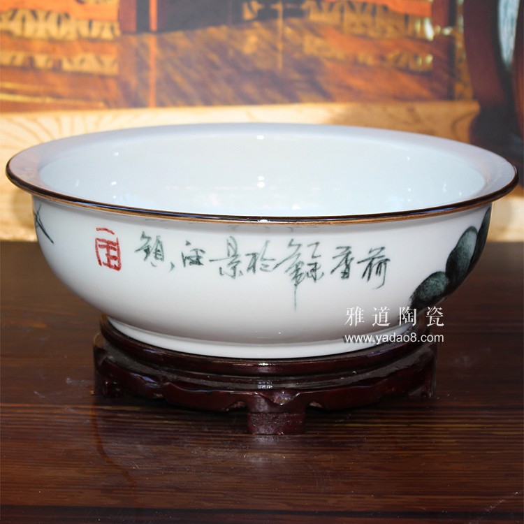 景德鎮手繪墨彩荷花拌菜盆和面盆-題字
