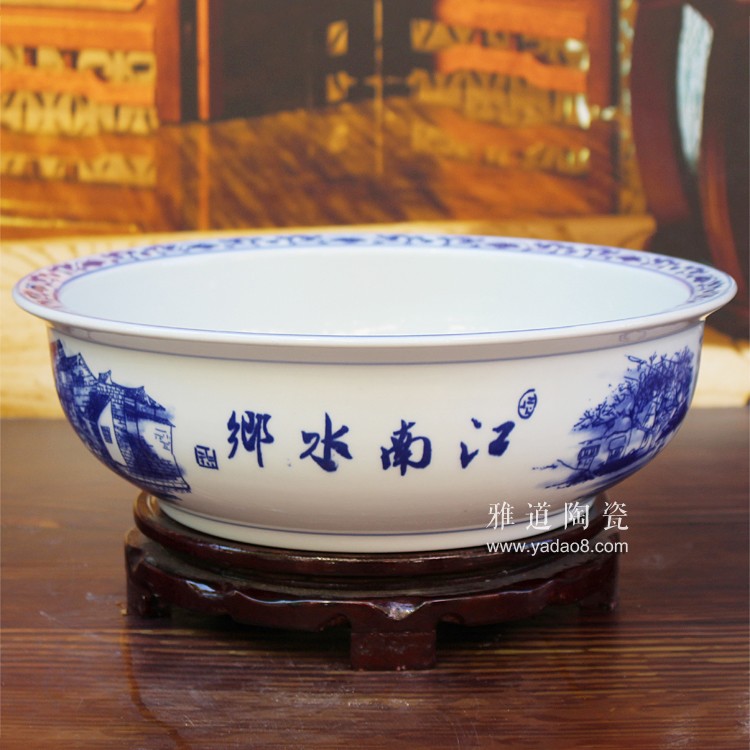 青花陶瓷和面盆涼菜盆江南水鄉-側面