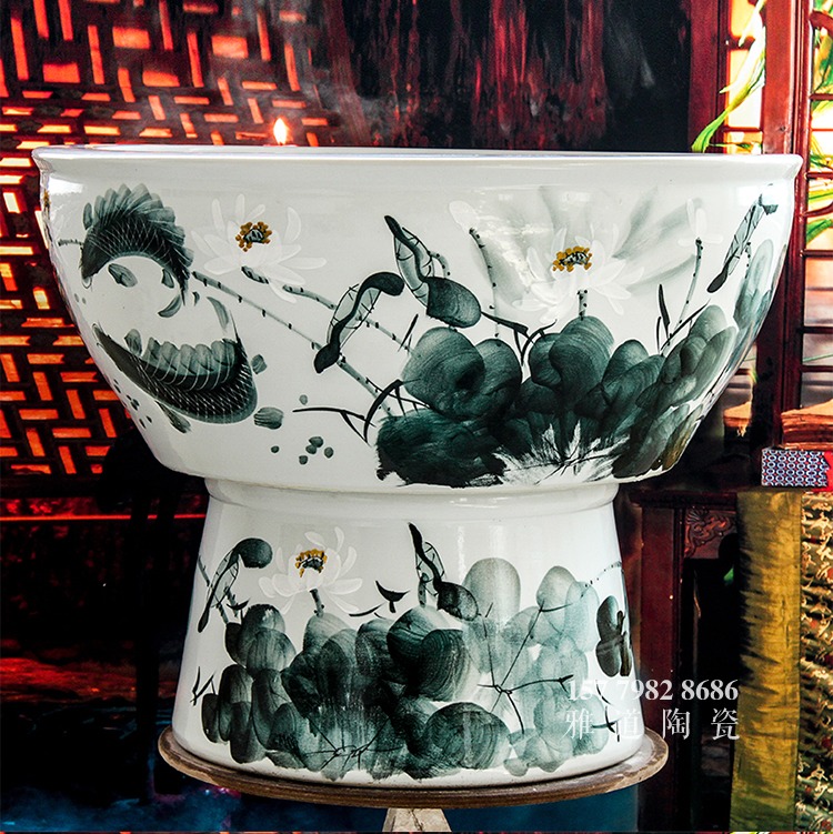 景德鎮高腳陶瓷魚缸蓮年有余-正面