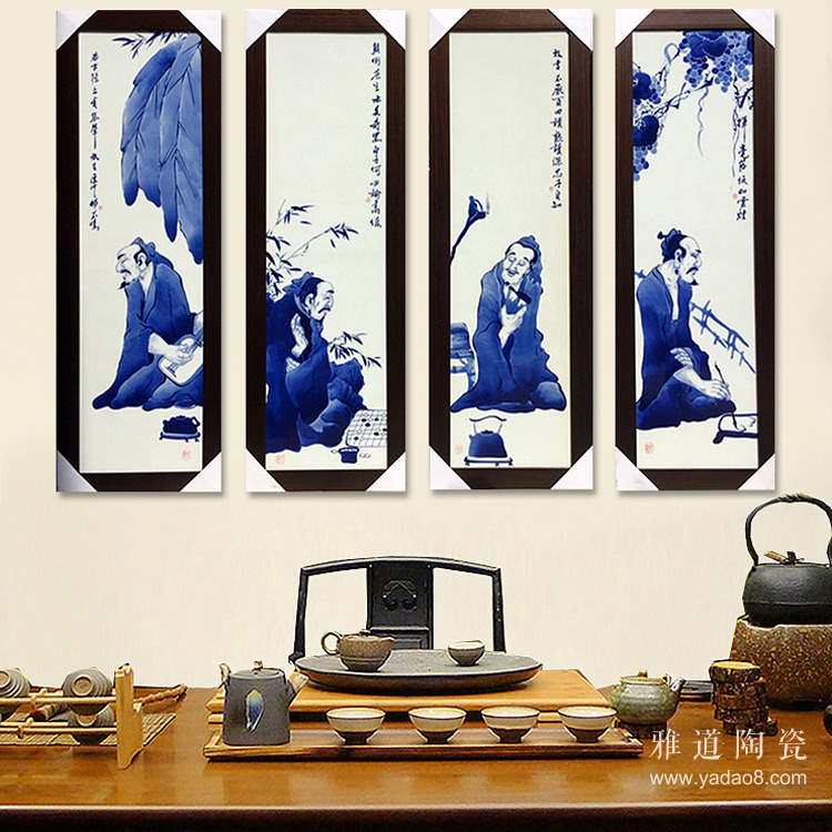 手繪釉下青花人物四條屏琴棋書畫瓷板畫效果圖