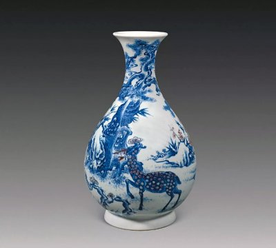 清雍正青花釉里紅鹿鶴同春玉壺春瓶