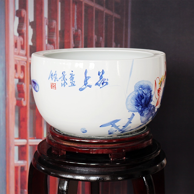 手繪荷花室內水仙睡蓮聚寶盆缸(圖4)